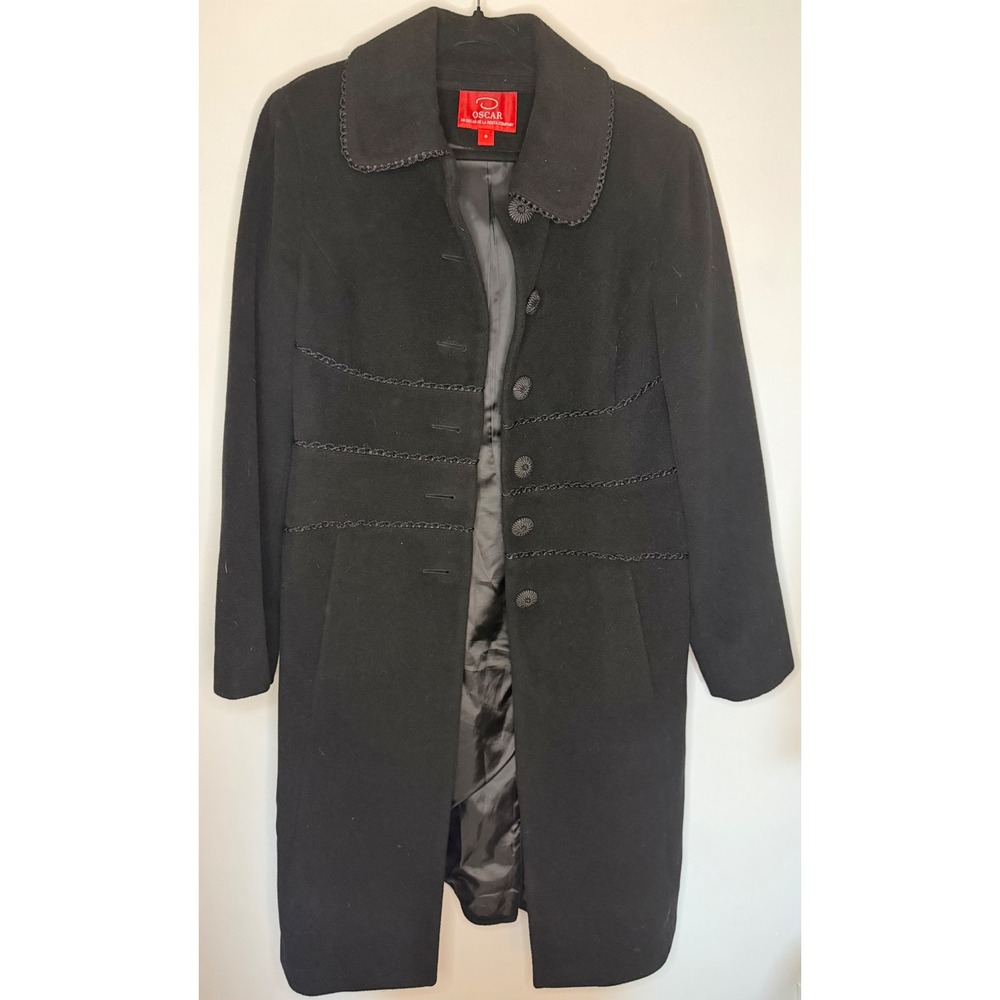 Oscar de la Renta Black Wool Angora Blend Braided Trim Long Coat Size 8 - Picture 4 of 7